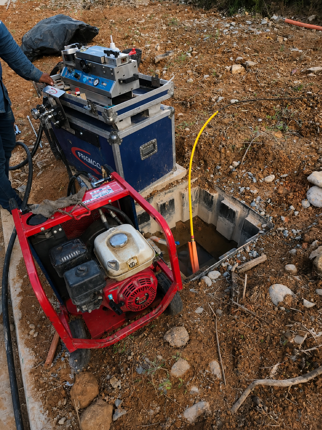 Máquina de soplado de fibra óptica Fragmaq con compresor en obra - AELICO